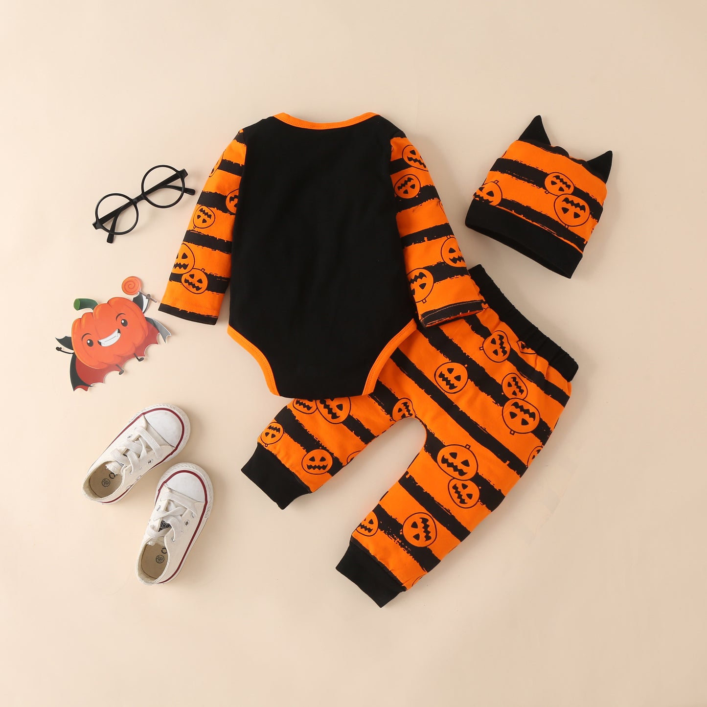 Ins Baby Children's Clothing Autumn And Winter New Halloween Pumpkin Print Long-Sleeved Romper Three-Piece Set